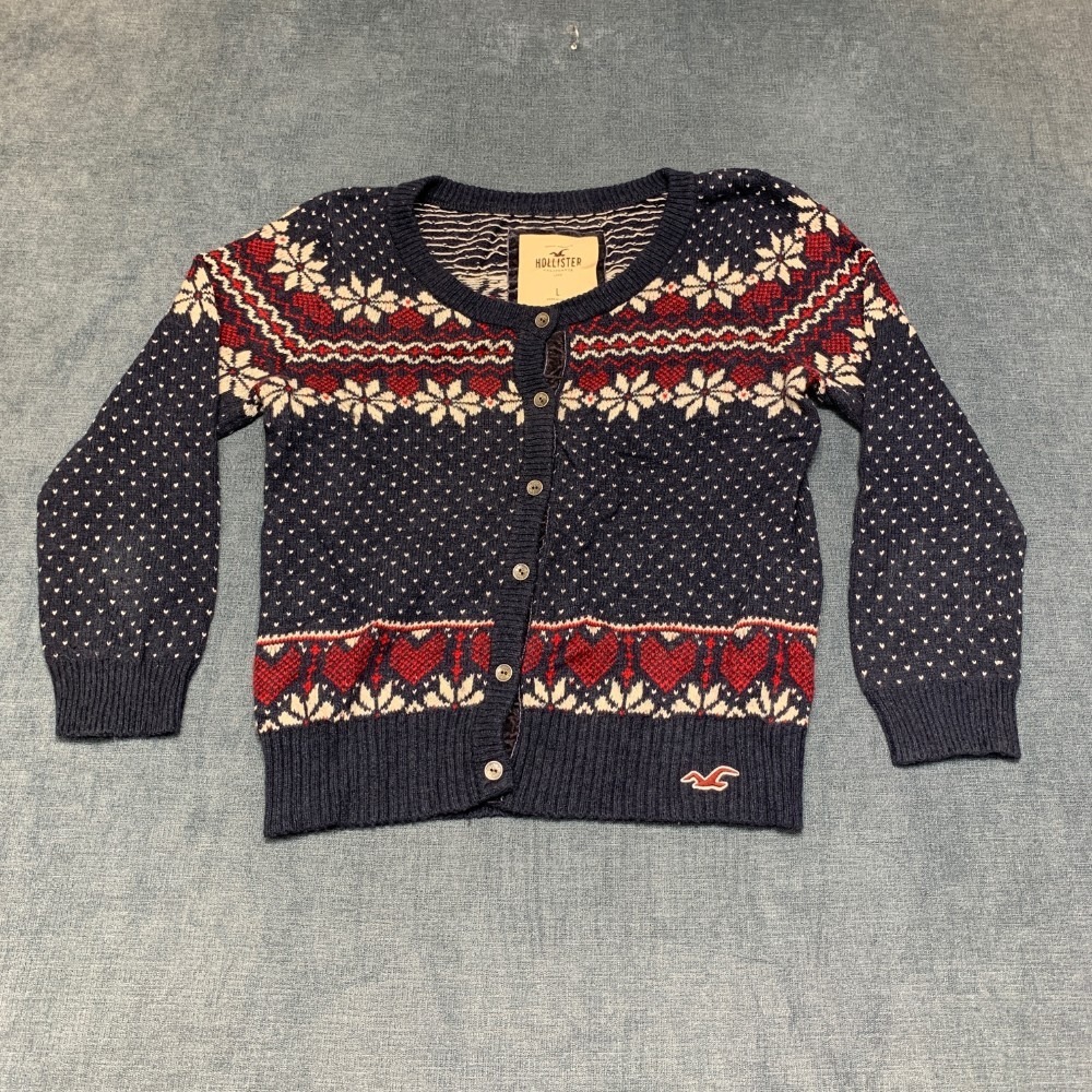 Y2K Hollister Cardigan Sweater Women Large Blue Red Aztec Floral Cotton Button
